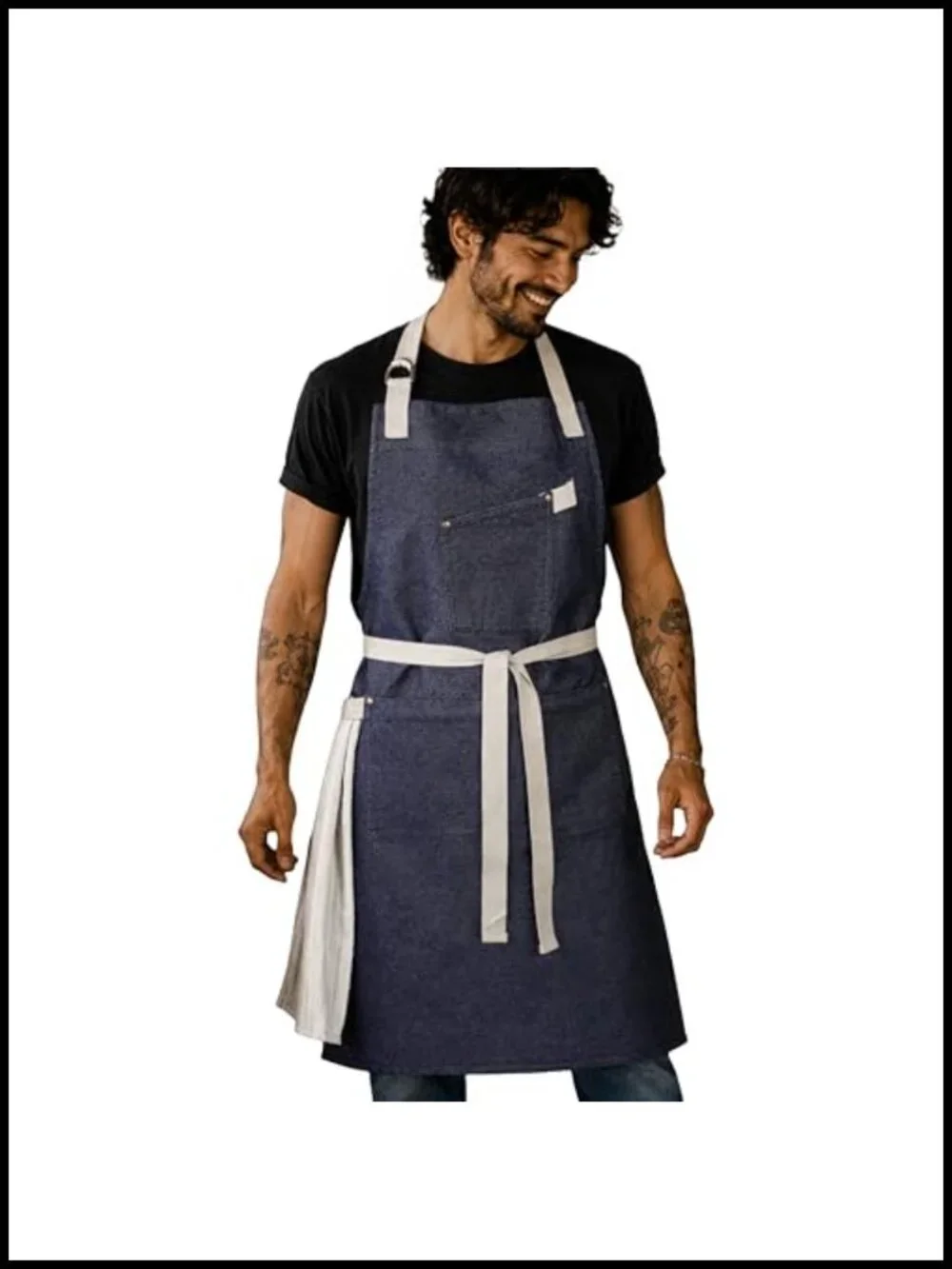 100% Cotton Denim Bib Apron with Terry Towel and 3 Pockets - Adjustable Chef